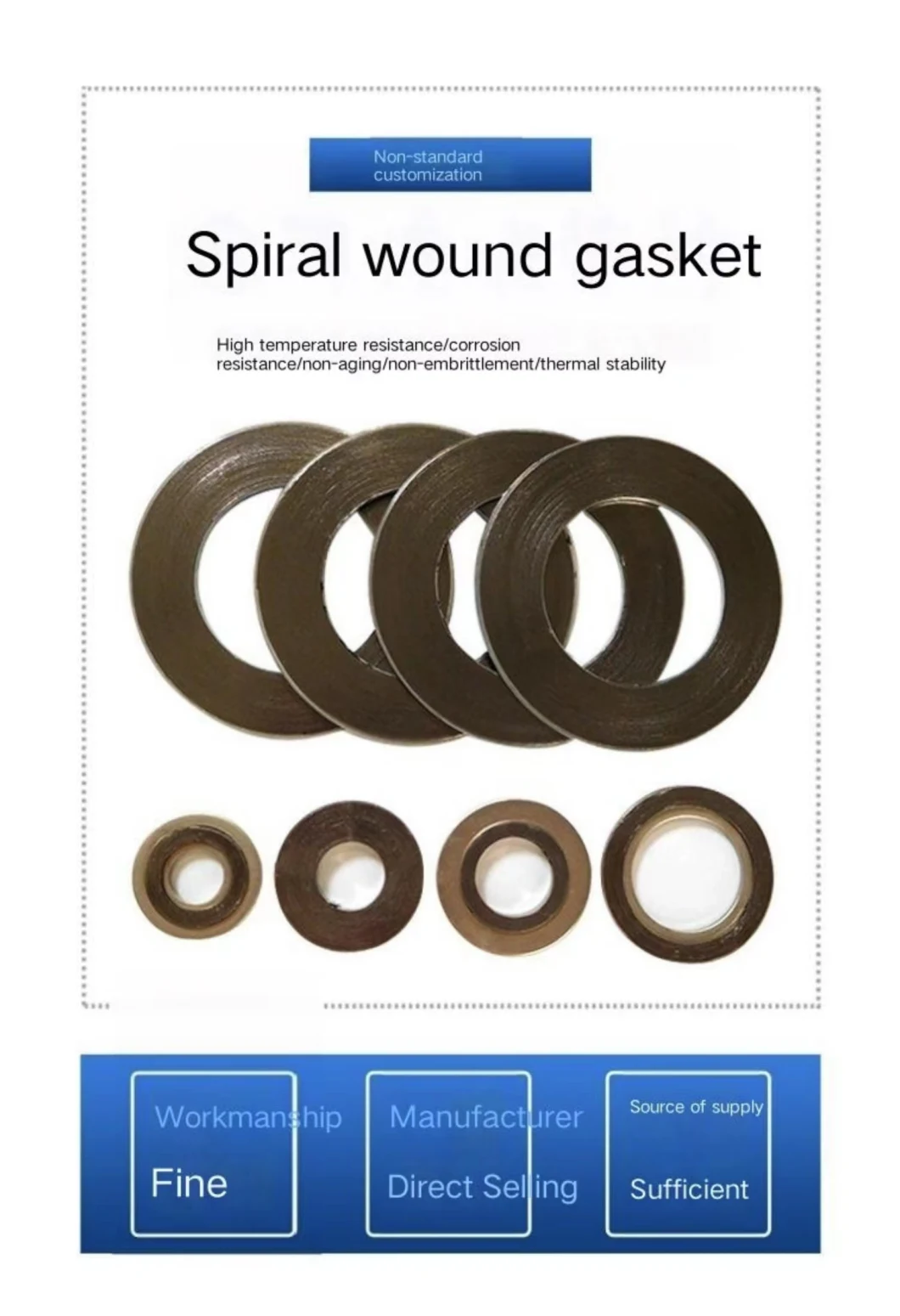 High Pressure 304 Inner and Outer Ring Metallic Graphite Duplex Spiral Wound Gasket Auto Parts